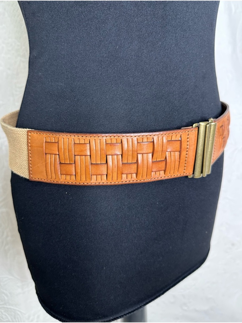 Fossil L Basketweave Leather & Elastic Woven Tan Brown Stretch Belt